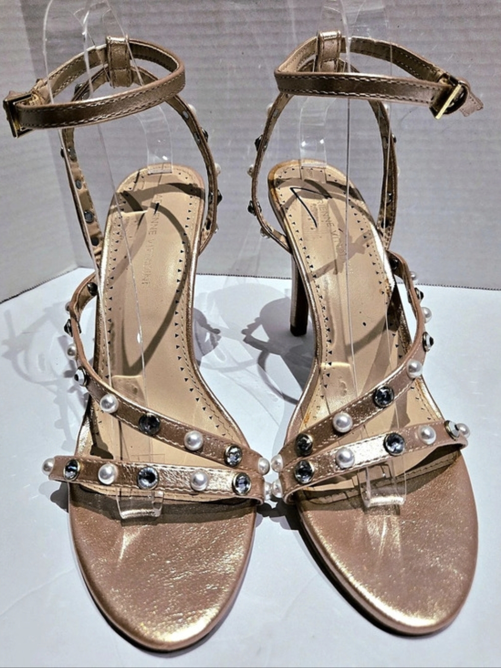 Adrienne Vittadini Rose Gold Rhinestone And Pearl Embellished Strappy Heels NEW